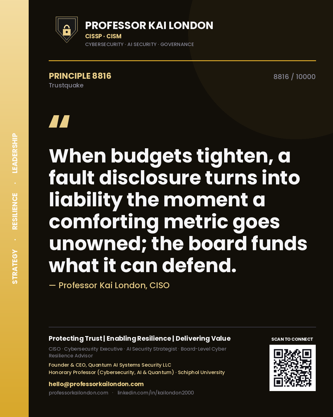 Quote card by Professor Kai London reading 'When budgets tighten, a fault disclosure turns into liability the moment a comforting metric goes unowned; the board funds what it can defend.'. From the book Trustquake.
