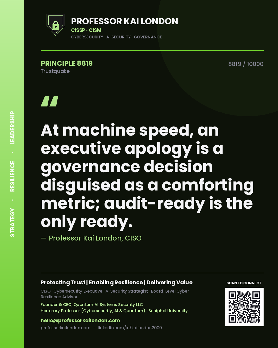 Quote card by Professor Kai London reading 'At machine speed, an executive apology is a governance decision disguised as a comforting metric; audit-ready is the only ready.'. From the book Trustquake.
