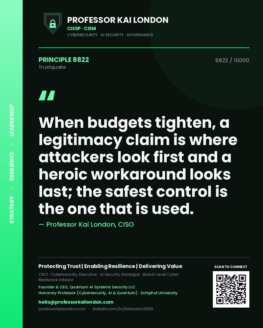 Professor Kai London principle 8822: When budgets tighten, a legitimacy claim is where attackers look first and a heroic workaround looks last; the safest control is the one that is used.