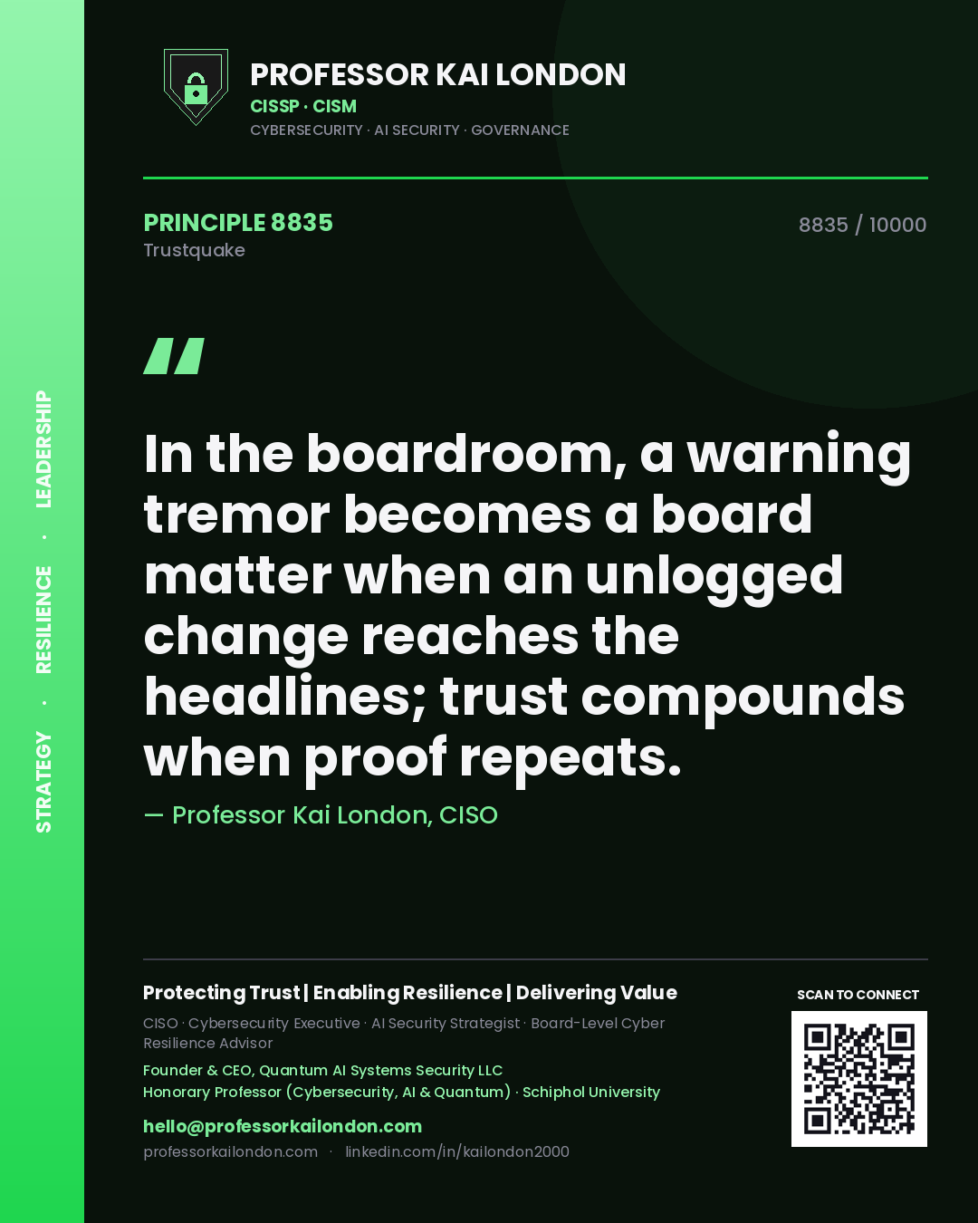 Quote card by Professor Kai London reading 'In the boardroom, a warning tremor becomes a board matter when an unlogged change reaches the headlines; trust compounds when proof repeats.'. From the book Trustquake.