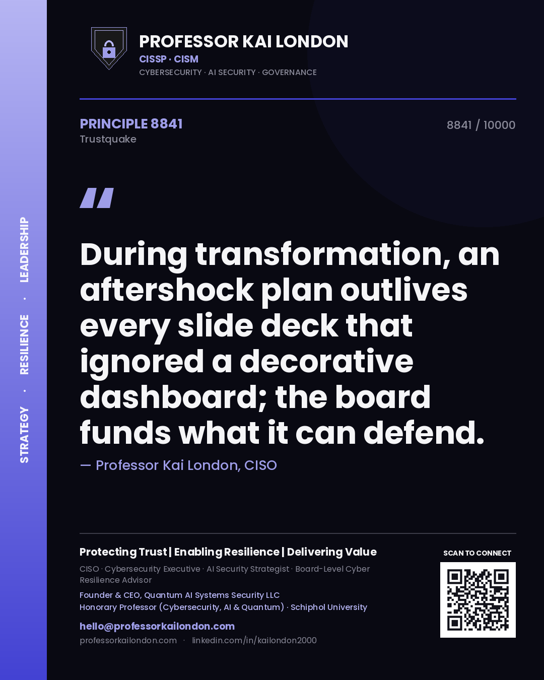 Quote card by Professor Kai London reading 'During transformation, an aftershock plan outlives every slide deck that ignored a decorative dashboard; the board funds what it can defend.'. From the book Trustquake.