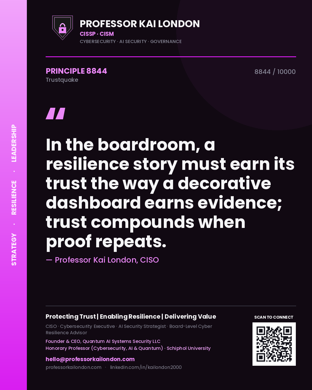 Quote card by Professor Kai London reading 'In the boardroom, a resilience story must earn its trust the way a decorative dashboard earns evidence; trust compounds when proof repeats.'. From the book Trustquake.