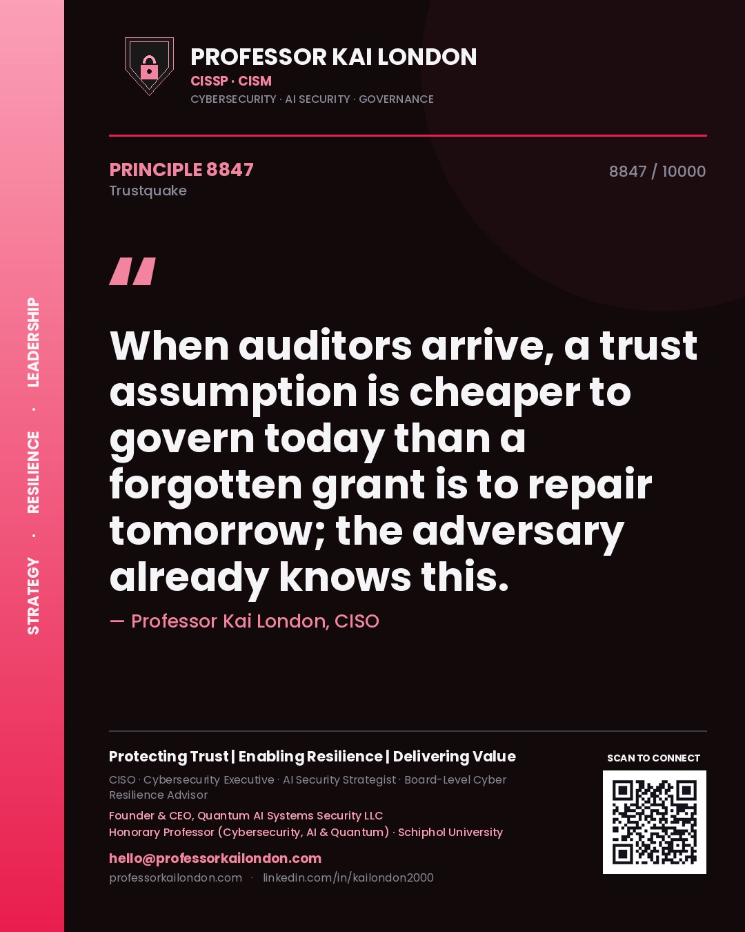Quote card by Professor Kai London reading 'When auditors arrive, a trust assumption is cheaper to govern today than a forgotten grant is to repair tomorrow; the adversary already knows this.'. From the book Trustquake.