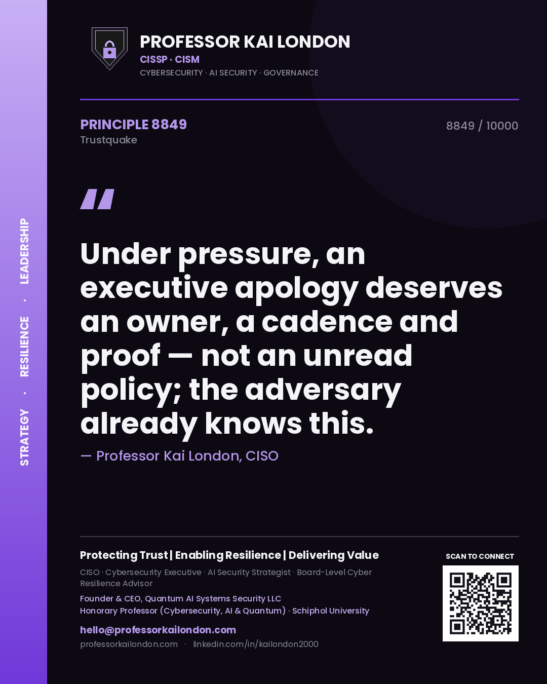 Quote card by Professor Kai London reading 'Under pressure, an executive apology deserves an owner, a cadence and proof — not an unread policy; the adversary already knows this.'. From the book Trustquake.