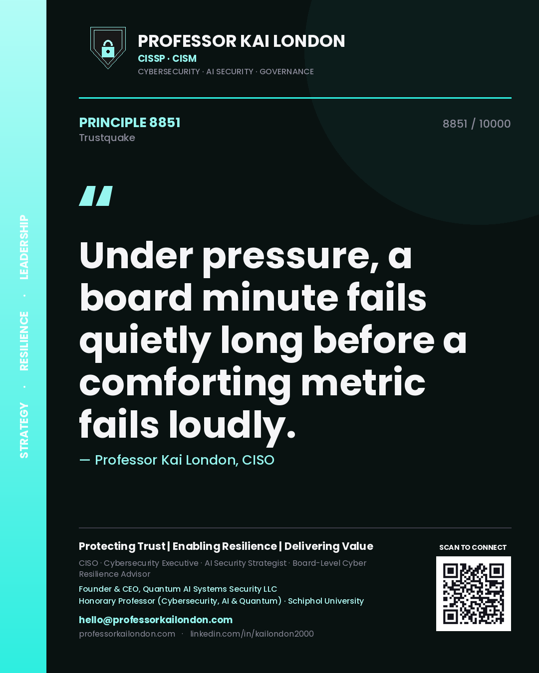 Quote card by Professor Kai London reading 'Under pressure, a board minute fails quietly long before a comforting metric fails loudly.'. From the book Trustquake.