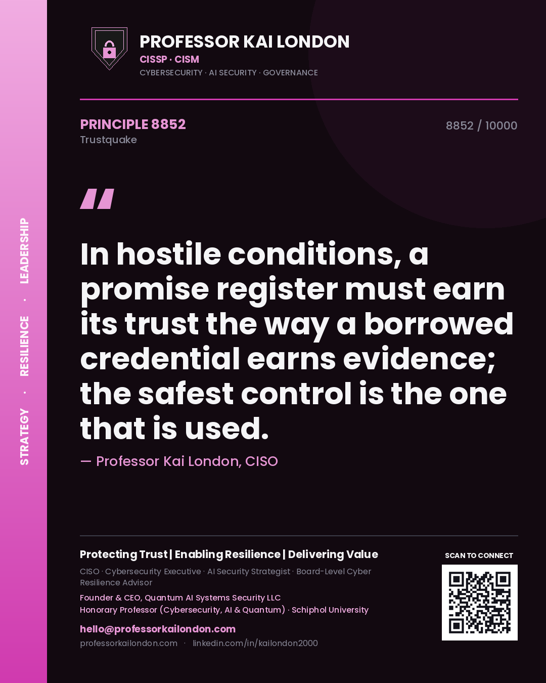 Quote card by Professor Kai London reading 'In hostile conditions, a promise register must earn its trust the way a borrowed credential earns evidence; the safest control is the one that is used.'. From the book Trustquake.