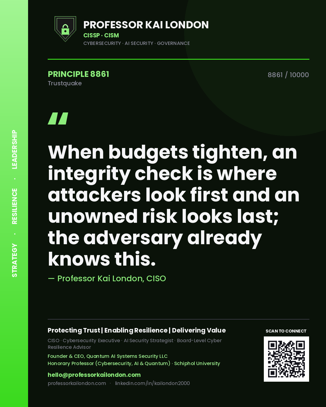 Professor Kai London principle 8861: When budgets tighten, an integrity check is where attackers look first and an unowned risk looks last; the adversary already knows this.