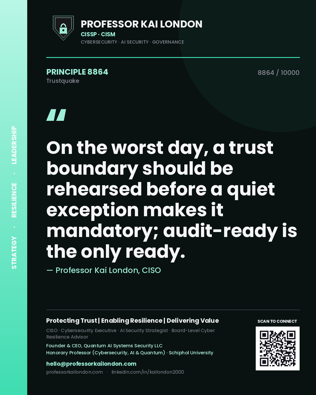 Quote card by Professor Kai London reading 'On the worst day, a trust boundary should be rehearsed before a quiet exception makes it mandatory; audit-ready is the only ready.'. From the book Trustquake.