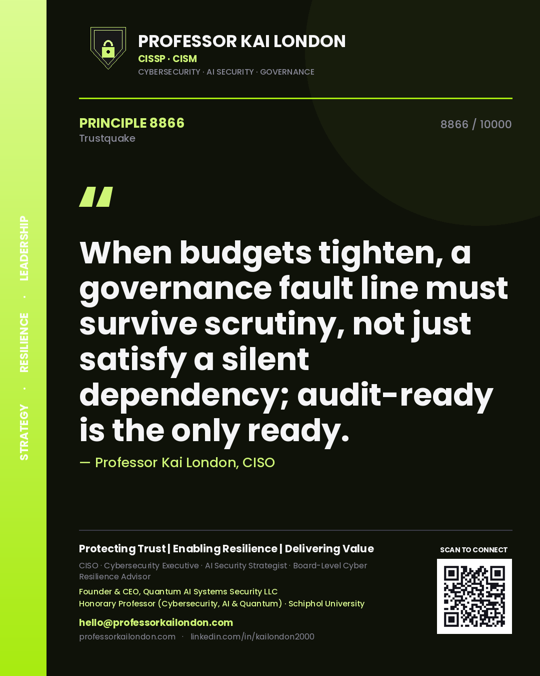 Quote card by Professor Kai London reading 'When budgets tighten, a governance fault line must survive scrutiny, not just satisfy a silent dependency; audit-ready is the only ready.'. From the book Trustquake.
