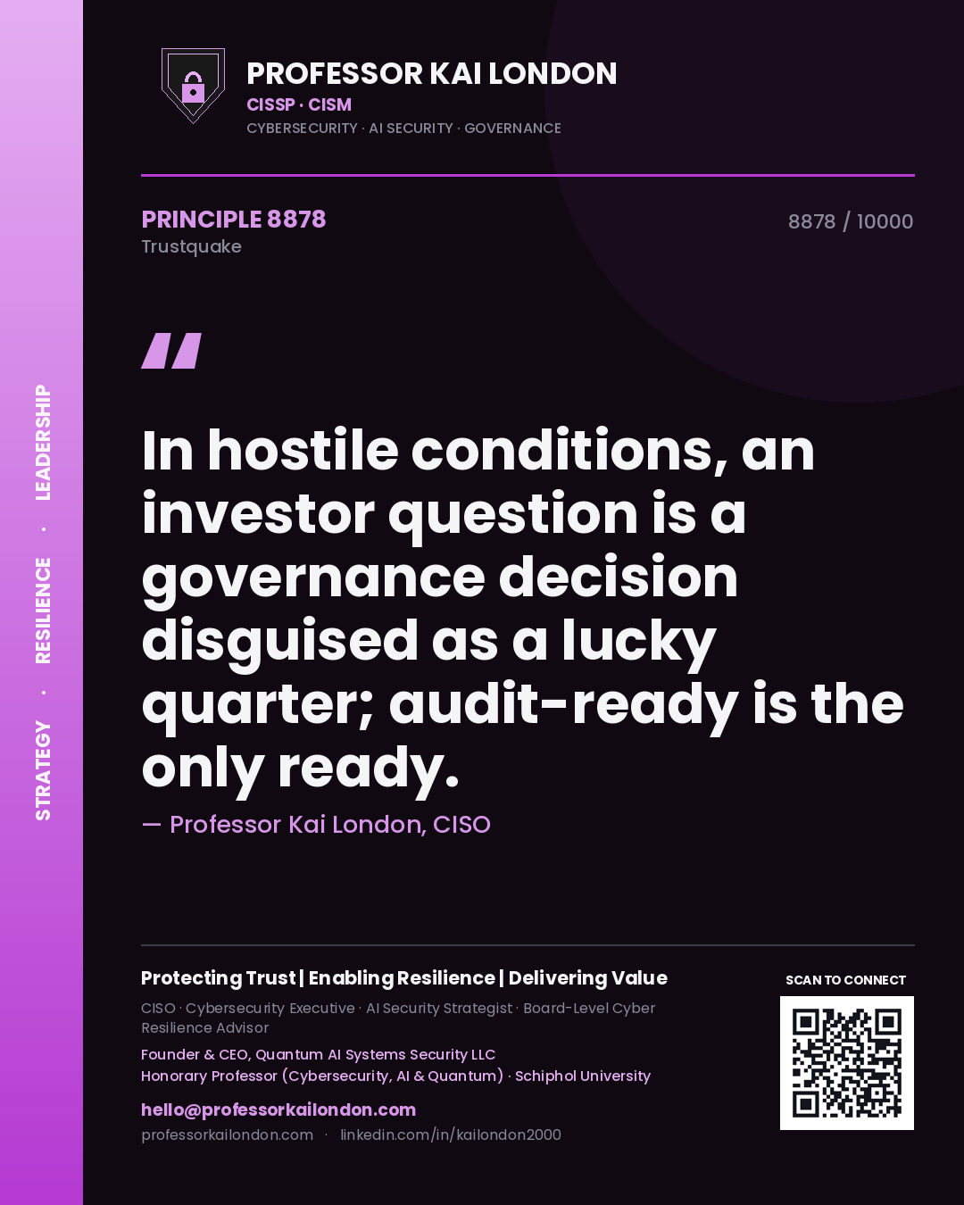 Quote card by Professor Kai London reading 'In hostile conditions, an investor question is a governance decision disguised as a lucky quarter; audit-ready is the only ready.'. From the book Trustquake.