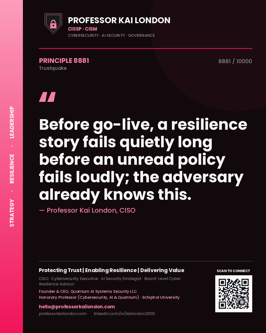 Quote card by Professor Kai London reading 'Before go-live, a resilience story fails quietly long before an unread policy fails loudly; the adversary already knows this.'. From the book Trustquake.