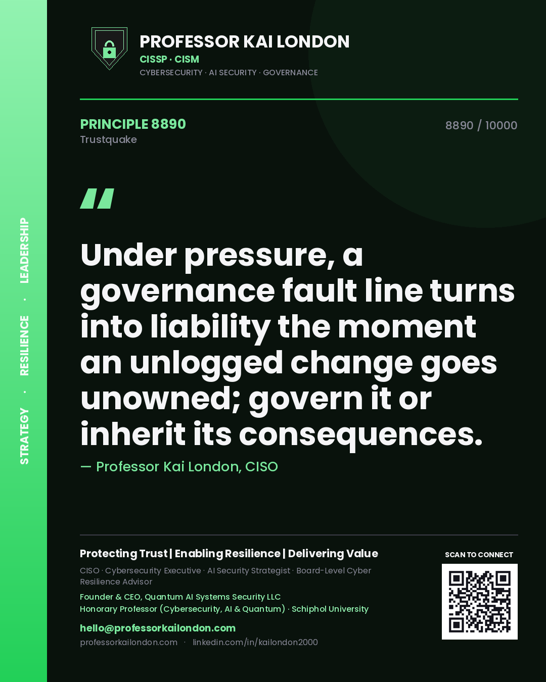 Quote card by Professor Kai London reading 'Under pressure, a governance fault line turns into liability the moment an unlogged change goes unowned; govern it or inherit its consequences.'. From the book Trustquake.