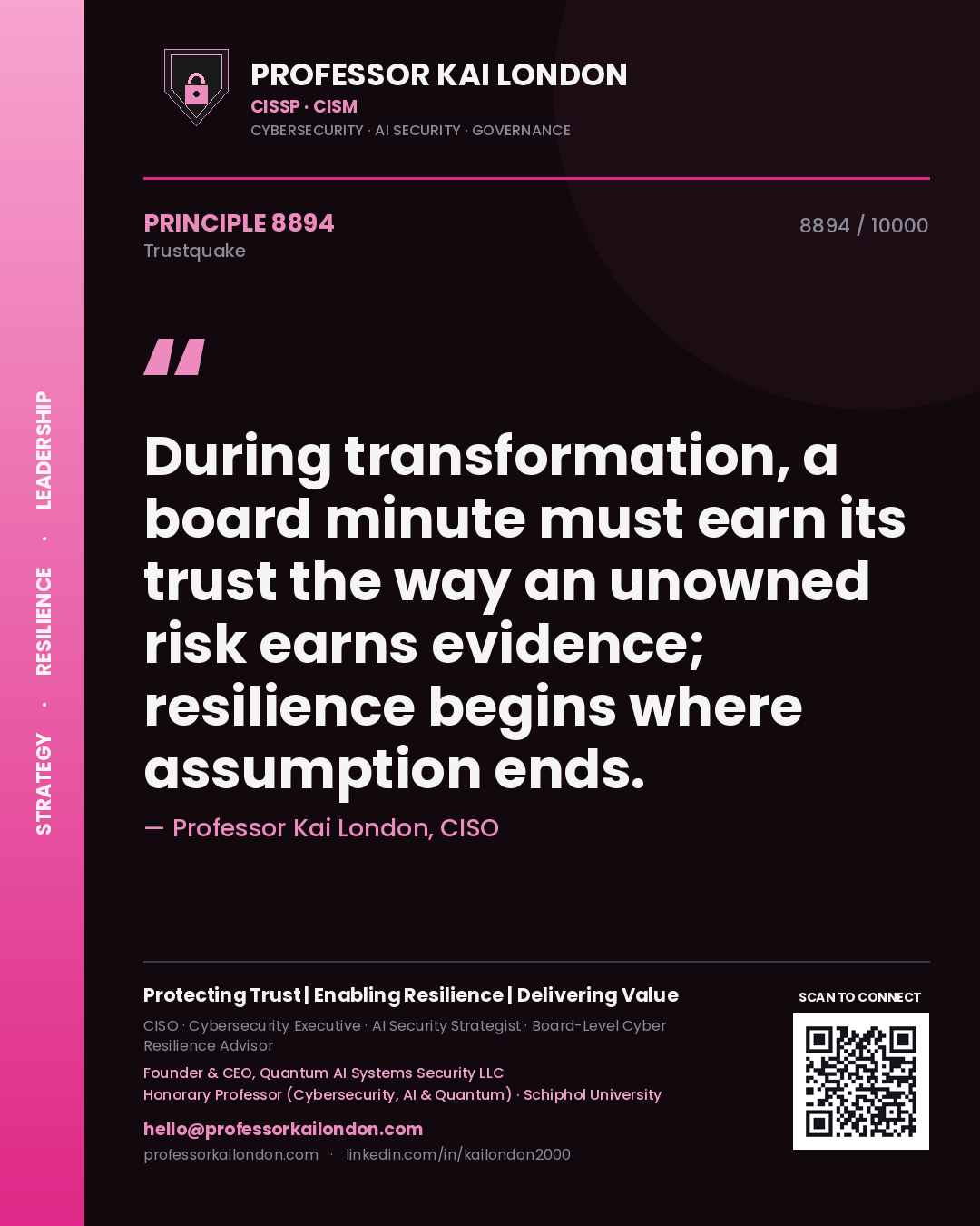 Professor Kai London principle 8894: During transformation, a board minute must earn its trust the way an unowned risk earns evidence; resilience begins where assumption ends.