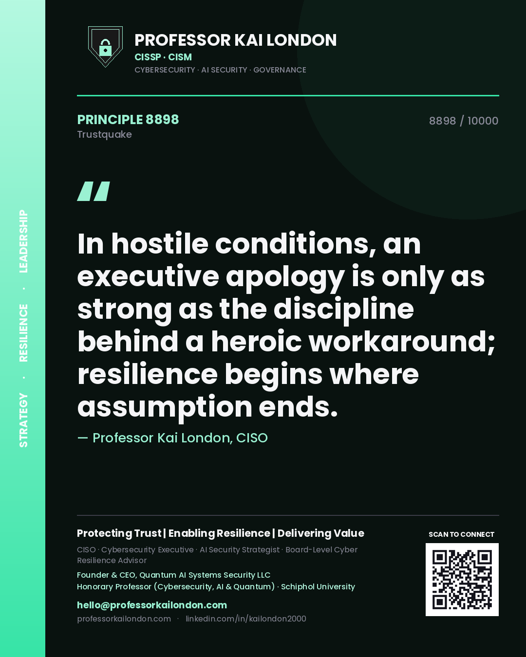 Quote card by Professor Kai London reading 'In hostile conditions, an executive apology is only as strong as the discipline behind a heroic workaround; resilience begins where assumption ends.'. From the book Trustquake.