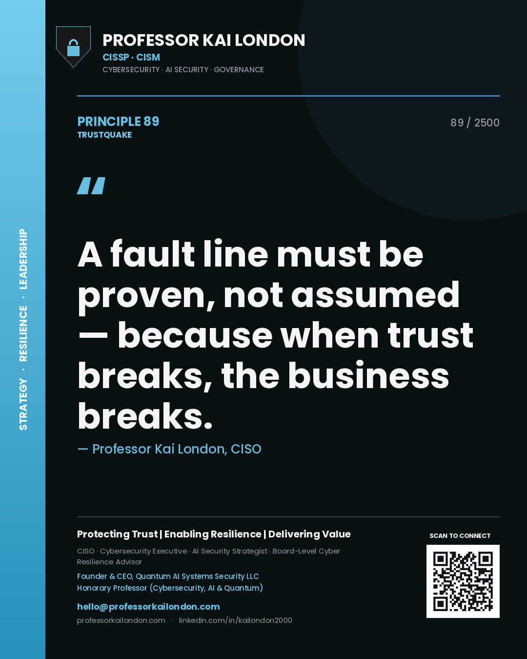 Quote card by Professor Kai London reading 'A fault line must be proven, not assumed — because when trust breaks, the business breaks.'. From the book Trustquake.