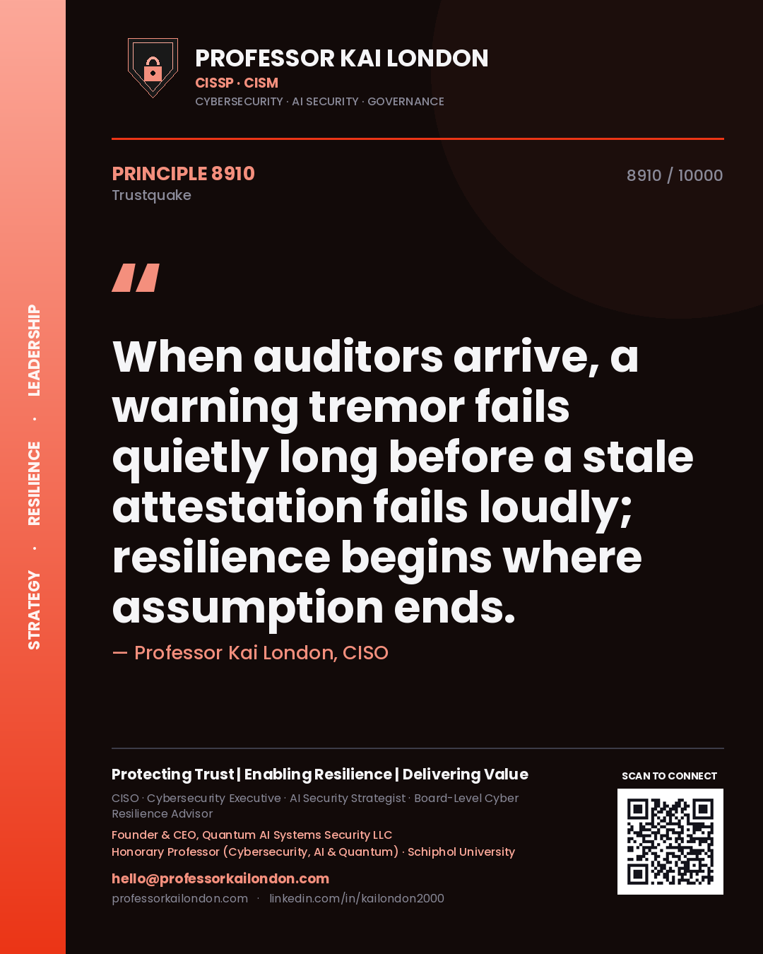 Quote card by Professor Kai London reading 'When auditors arrive, a warning tremor fails quietly long before a stale attestation fails loudly; resilience begins where assumption ends.'. From the book Trustquake.