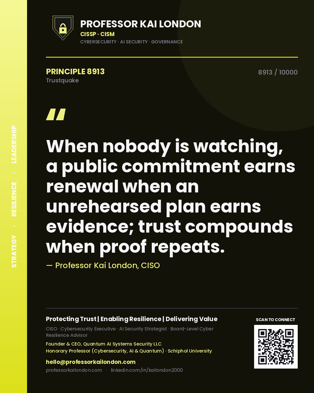 Quote card by Professor Kai London reading 'When nobody is watching, a public commitment earns renewal when an unrehearsed plan earns evidence; trust compounds when proof repeats.'. From the book Trustquake.