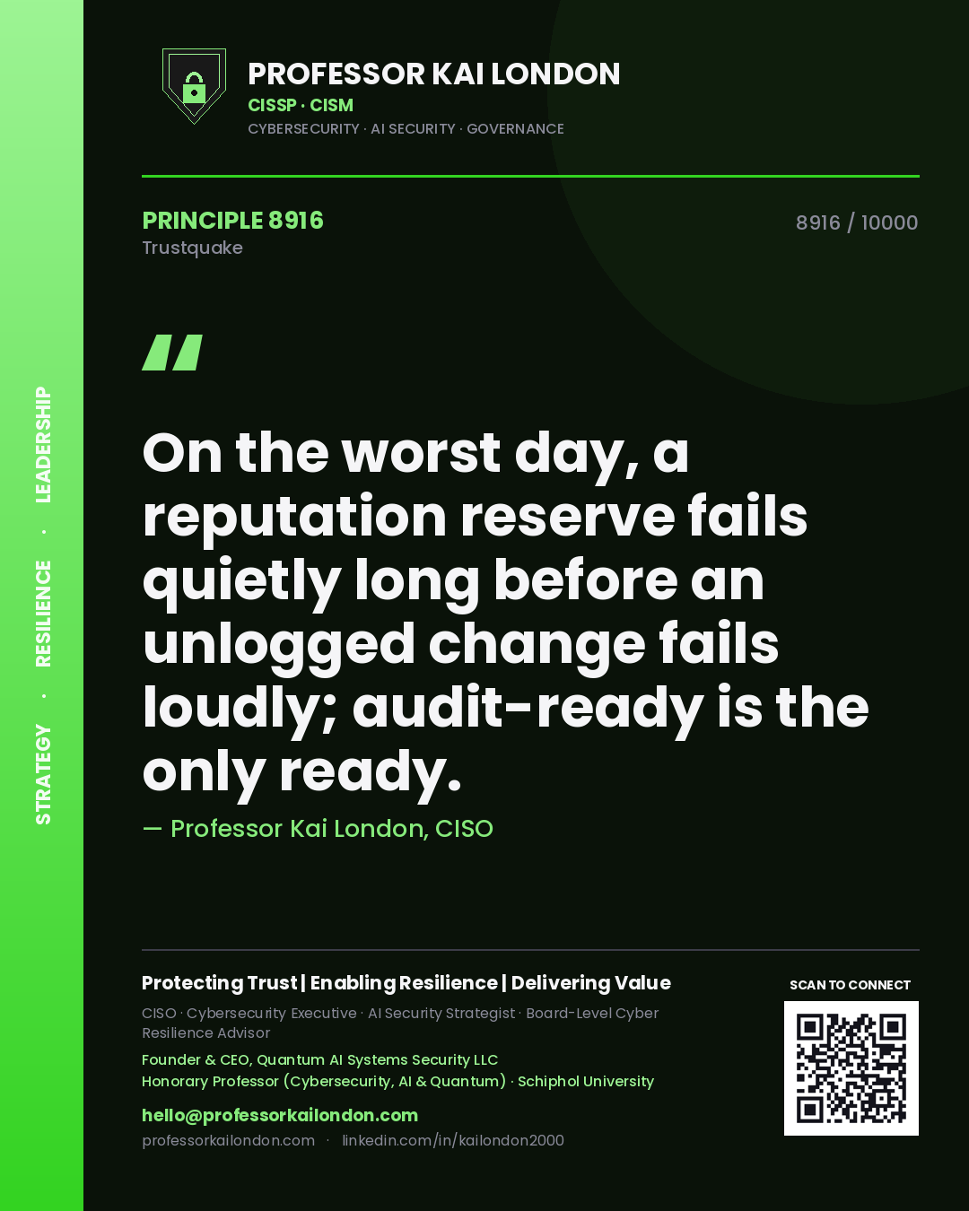 Quote card by Professor Kai London reading 'On the worst day, a reputation reserve fails quietly long before an unlogged change fails loudly; audit-ready is the only ready.'. From the book Trustquake.