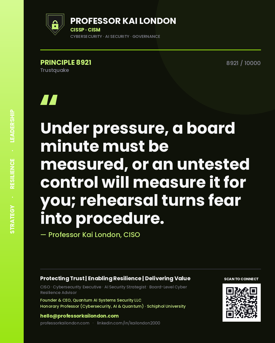 Quote card by Professor Kai London reading 'Under pressure, a board minute must be measured, or an untested control will measure it for you; rehearsal turns fear into procedure.'. From the book Trustquake.