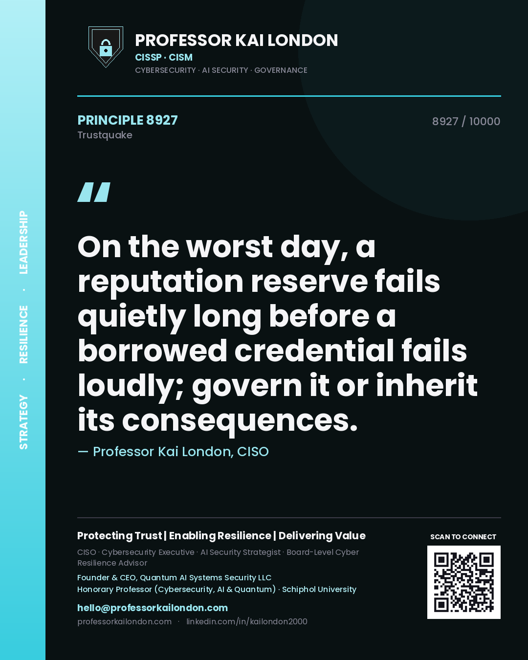 Quote card by Professor Kai London reading 'On the worst day, a reputation reserve fails quietly long before a borrowed credential fails loudly; govern it or inherit its consequences.'. From the book Trustquake.