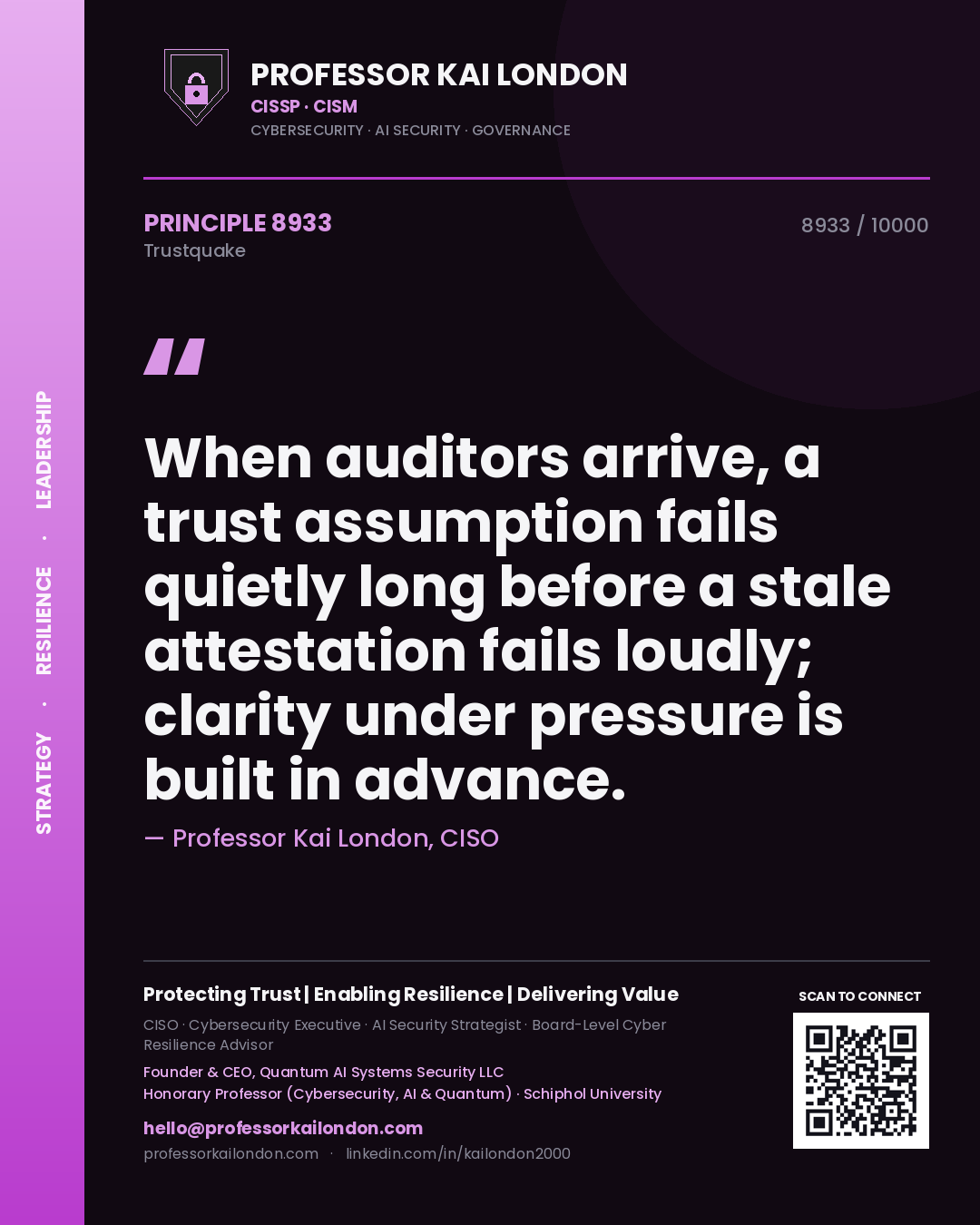 Quote card by Professor Kai London reading 'When auditors arrive, a trust assumption fails quietly long before a stale attestation fails loudly; clarity under pressure is built in advance.'. From the book Trustquake.