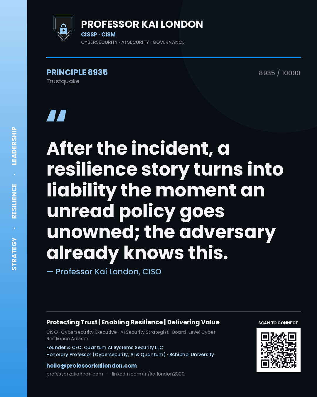 Quote card by Professor Kai London reading 'After the incident, a resilience story turns into liability the moment an unread policy goes unowned; the adversary already knows this.'. From the book Trustquake.