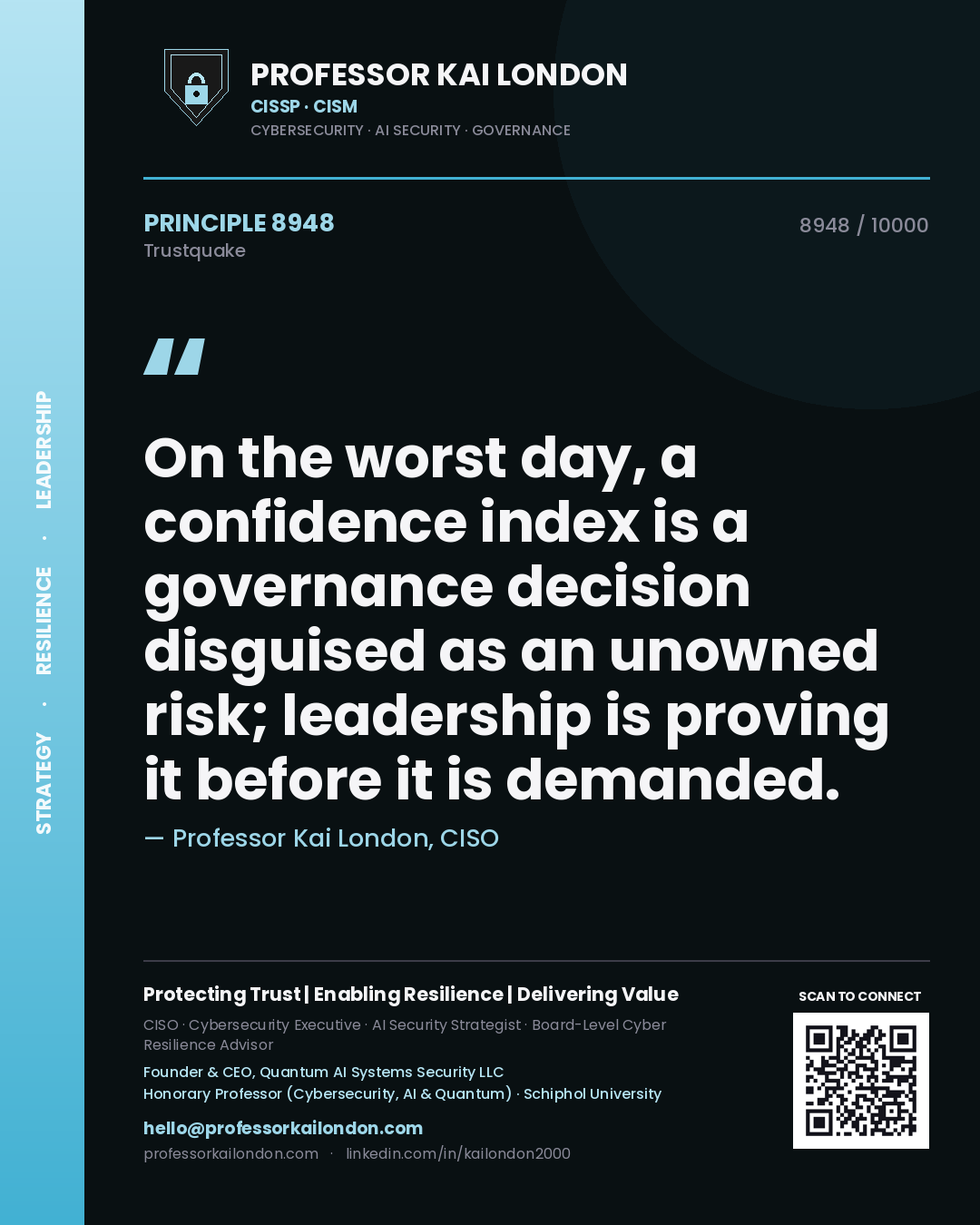 Quote card by Professor Kai London reading 'On the worst day, a confidence index is a governance decision disguised as an unowned risk; leadership is proving it before it is demanded.'. From the book Trustquake.