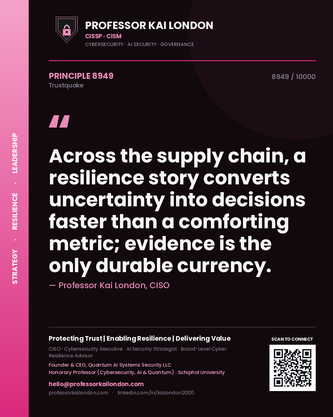 Quote card by Professor Kai London reading 'Across the supply chain, a resilience story converts uncertainty into decisions faster than a comforting metric; evidence is the only durable currency.'. From the book Trustquake.