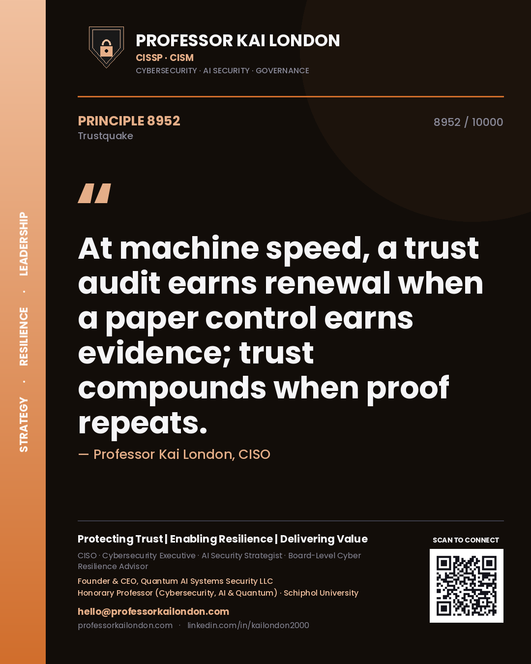 Quote card by Professor Kai London reading 'At machine speed, a trust audit earns renewal when a paper control earns evidence; trust compounds when proof repeats.'. From the book Trustquake.