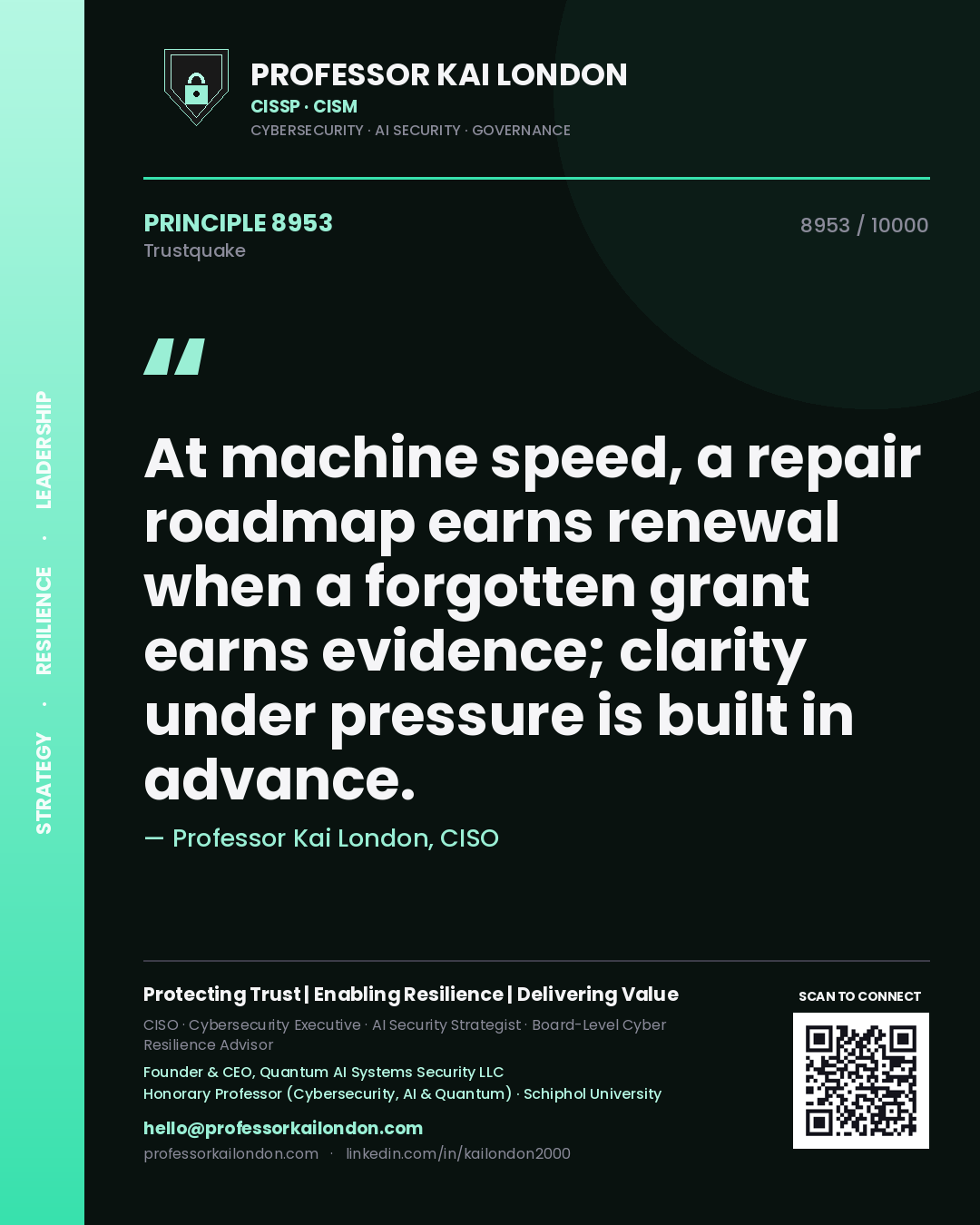 Quote card by Professor Kai London reading 'At machine speed, a repair roadmap earns renewal when a forgotten grant earns evidence; clarity under pressure is built in advance.'. From the book Trustquake.