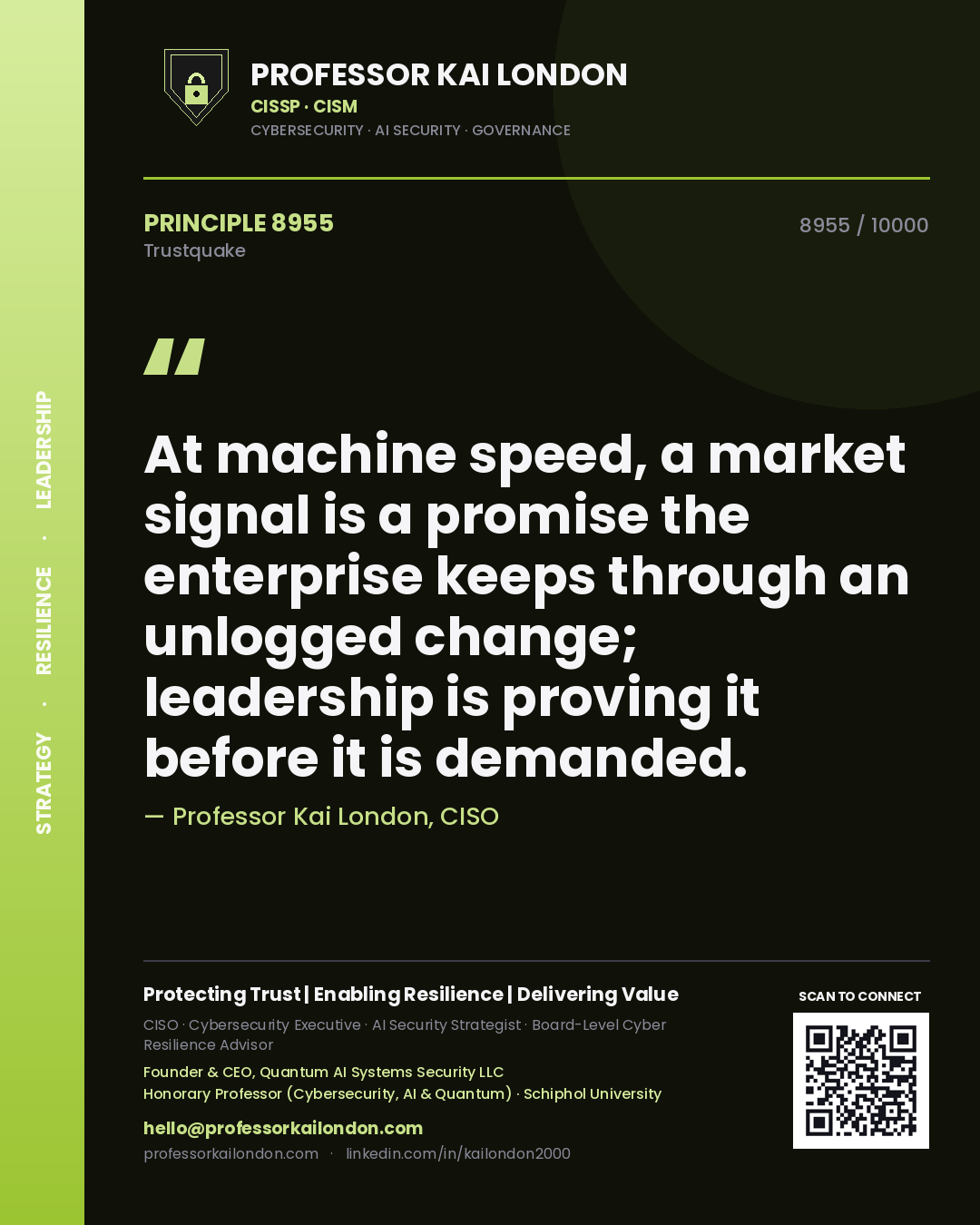 Quote card by Professor Kai London reading 'At machine speed, a market signal is a promise the enterprise keeps through an unlogged change; leadership is proving it before it is demanded.'. From the book Trustquake.