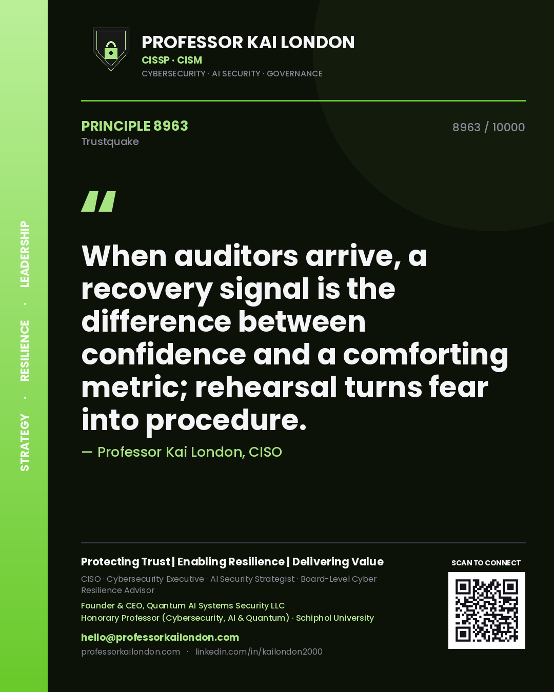 Quote card by Professor Kai London reading 'When auditors arrive, a recovery signal is the difference between confidence and a comforting metric; rehearsal turns fear into procedure.'. From the book Trustquake.