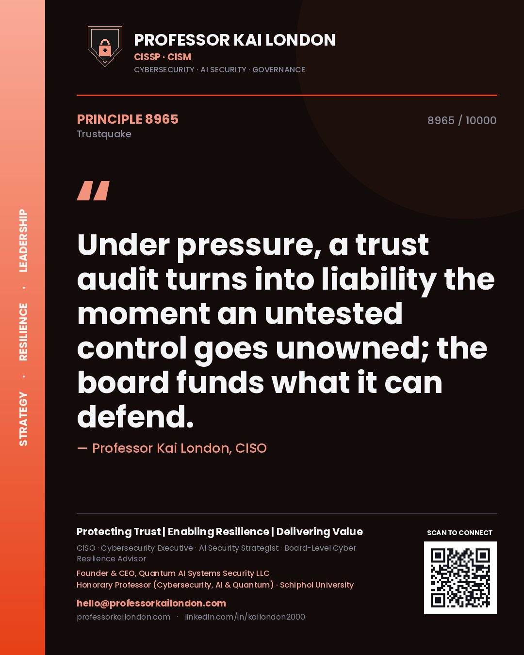 Quote card by Professor Kai London reading 'Under pressure, a trust audit turns into liability the moment an untested control goes unowned; the board funds what it can defend.'. From the book Trustquake.