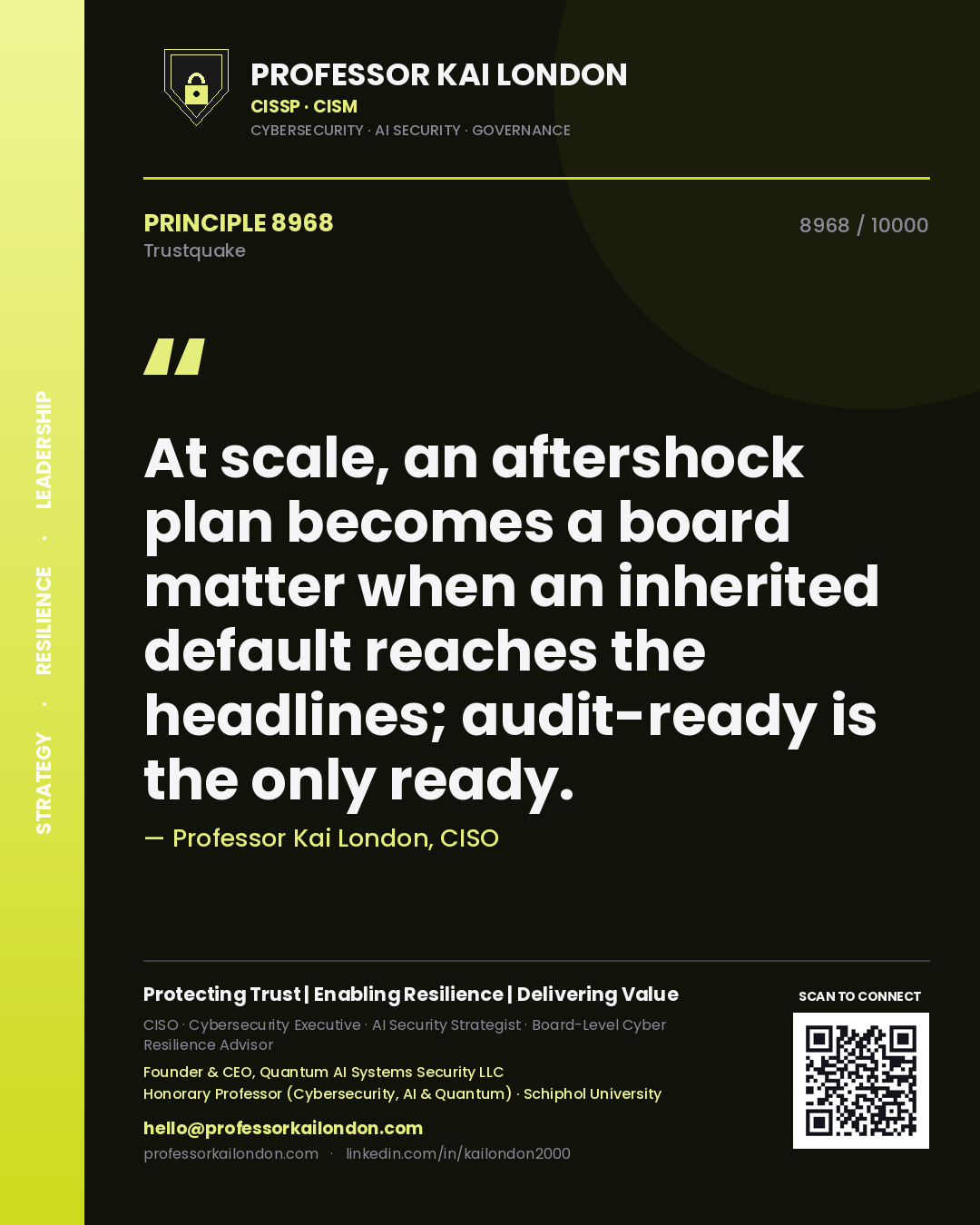 Quote card by Professor Kai London reading 'At scale, an aftershock plan becomes a board matter when an inherited default reaches the headlines; audit-ready is the only ready.'. From the book Trustquake.