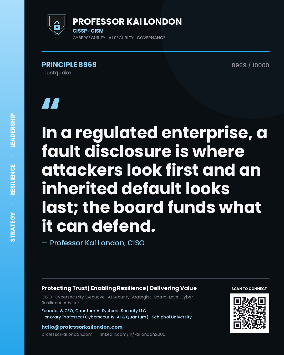Quote card by Professor Kai London reading 'In a regulated enterprise, a fault disclosure is where attackers look first and an inherited default looks last; the board funds what it can defend.'. From the book Trustquake.