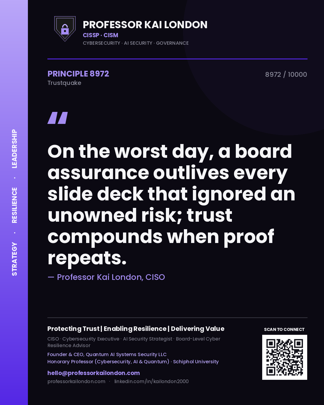 Quote card by Professor Kai London reading 'On the worst day, a board assurance outlives every slide deck that ignored an unowned risk; trust compounds when proof repeats.'. From the book Trustquake.