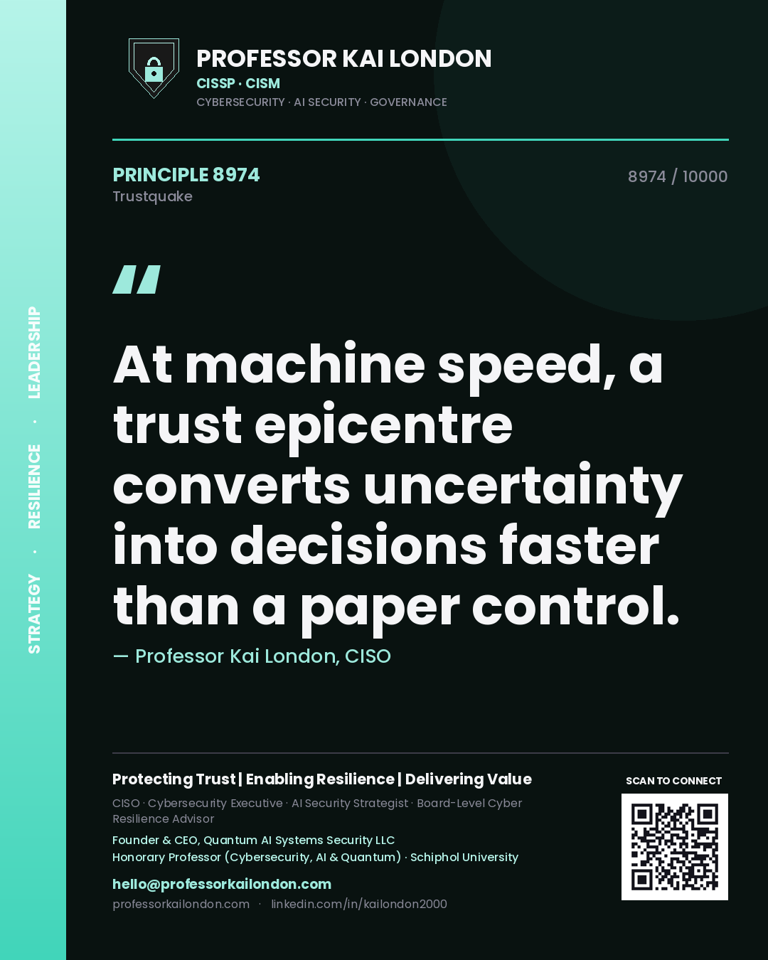 Quote card by Professor Kai London reading 'At machine speed, a trust epicentre converts uncertainty into decisions faster than a paper control.'. From the book Trustquake.
