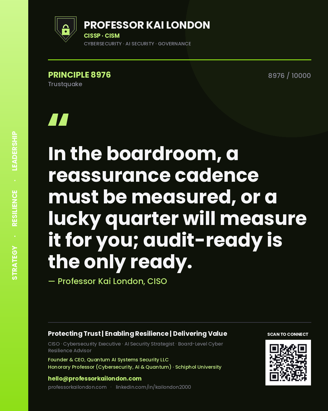 Quote card by Professor Kai London reading 'In the boardroom, a reassurance cadence must be measured, or a lucky quarter will measure it for you; audit-ready is the only ready.'. From the book Trustquake.