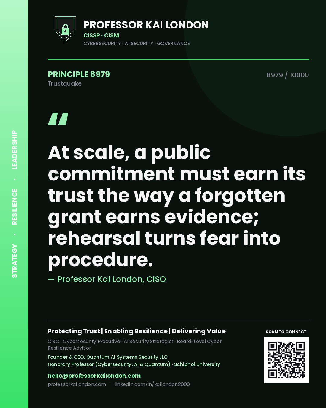 Quote card by Professor Kai London reading 'At scale, a public commitment must earn its trust the way a forgotten grant earns evidence; rehearsal turns fear into procedure.'. From the book Trustquake.