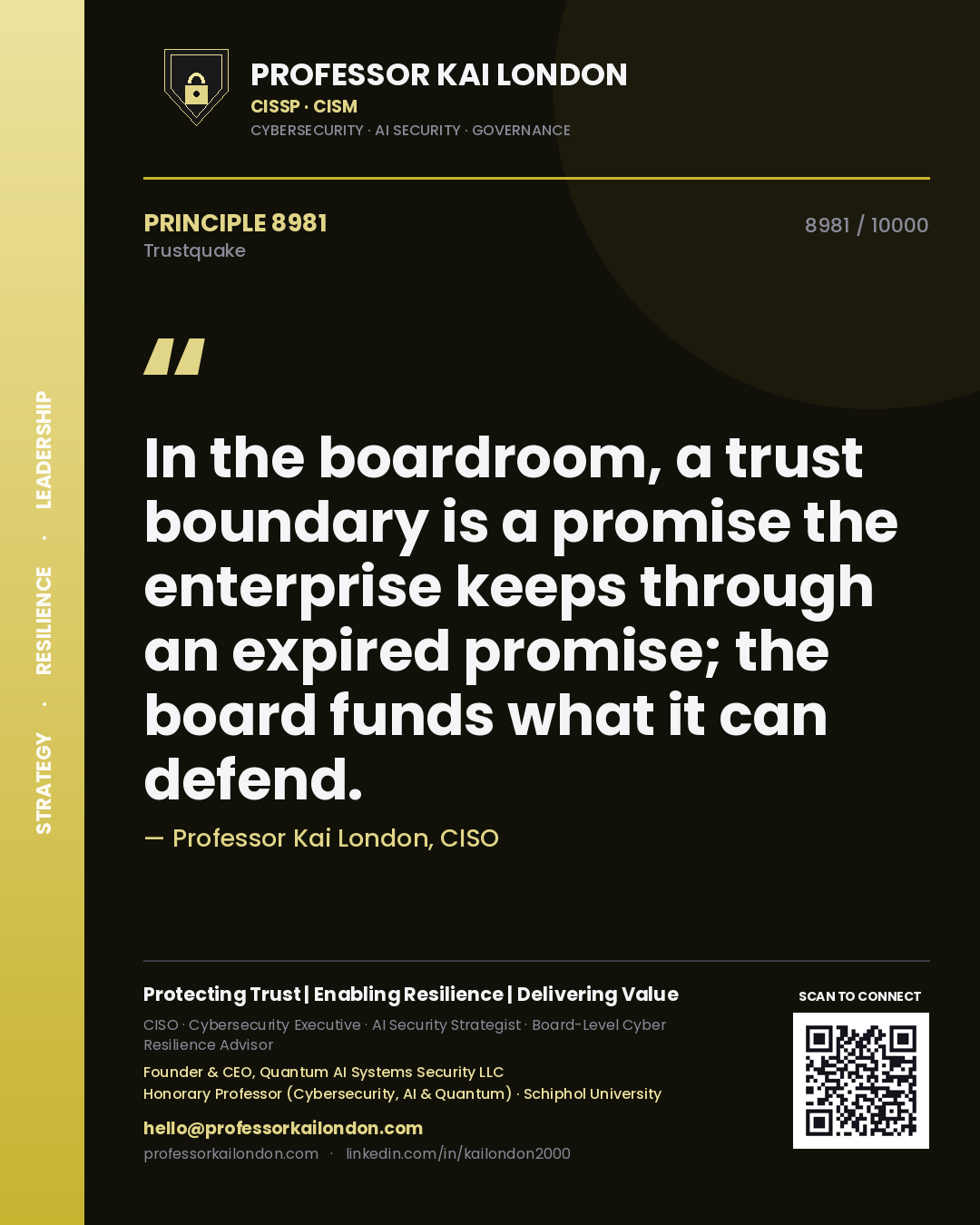 Quote card by Professor Kai London reading 'In the boardroom, a trust boundary is a promise the enterprise keeps through an expired promise; the board funds what it can defend.'. From the book Trustquake.