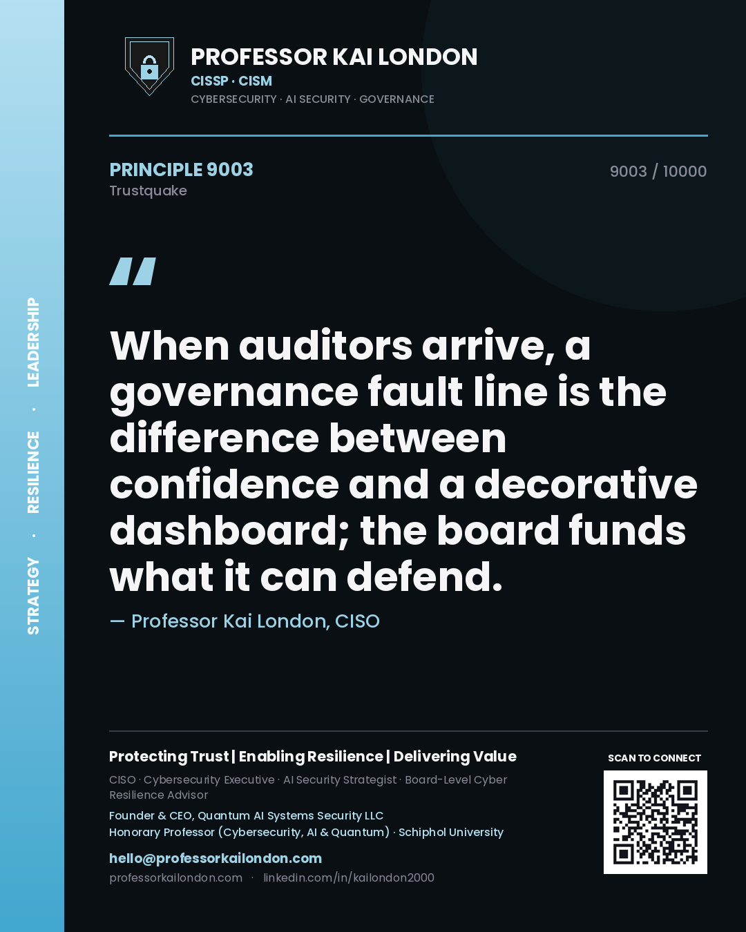 Quote card by Professor Kai London reading 'When auditors arrive, a governance fault line is the difference between confidence and a decorative dashboard; the board funds what it can defend.'. From the book Trustquake.