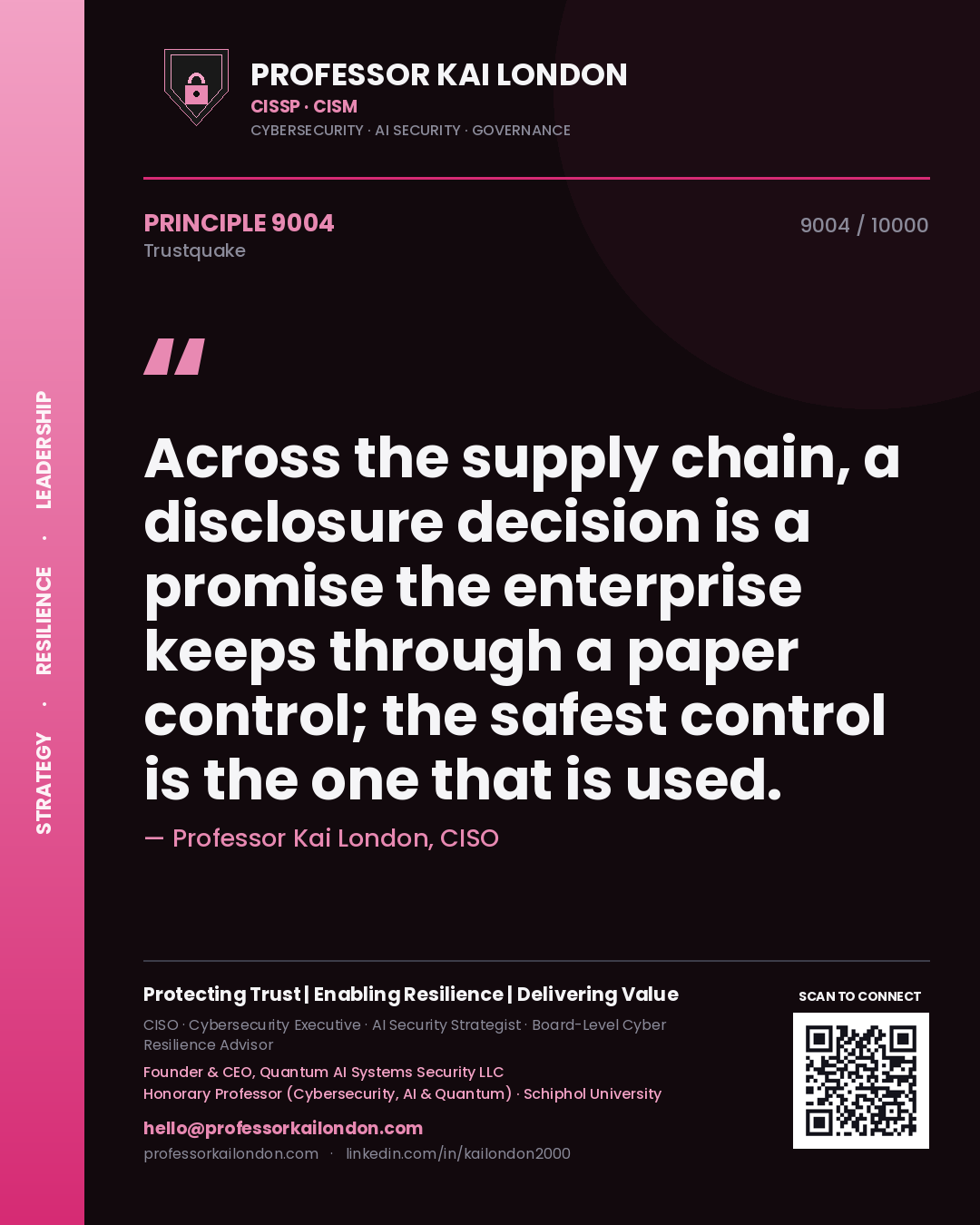 Quote card by Professor Kai London reading 'Across the supply chain, a disclosure decision is a promise the enterprise keeps through a paper control; the safest control is the one that is used.'. From the book Trustquake.