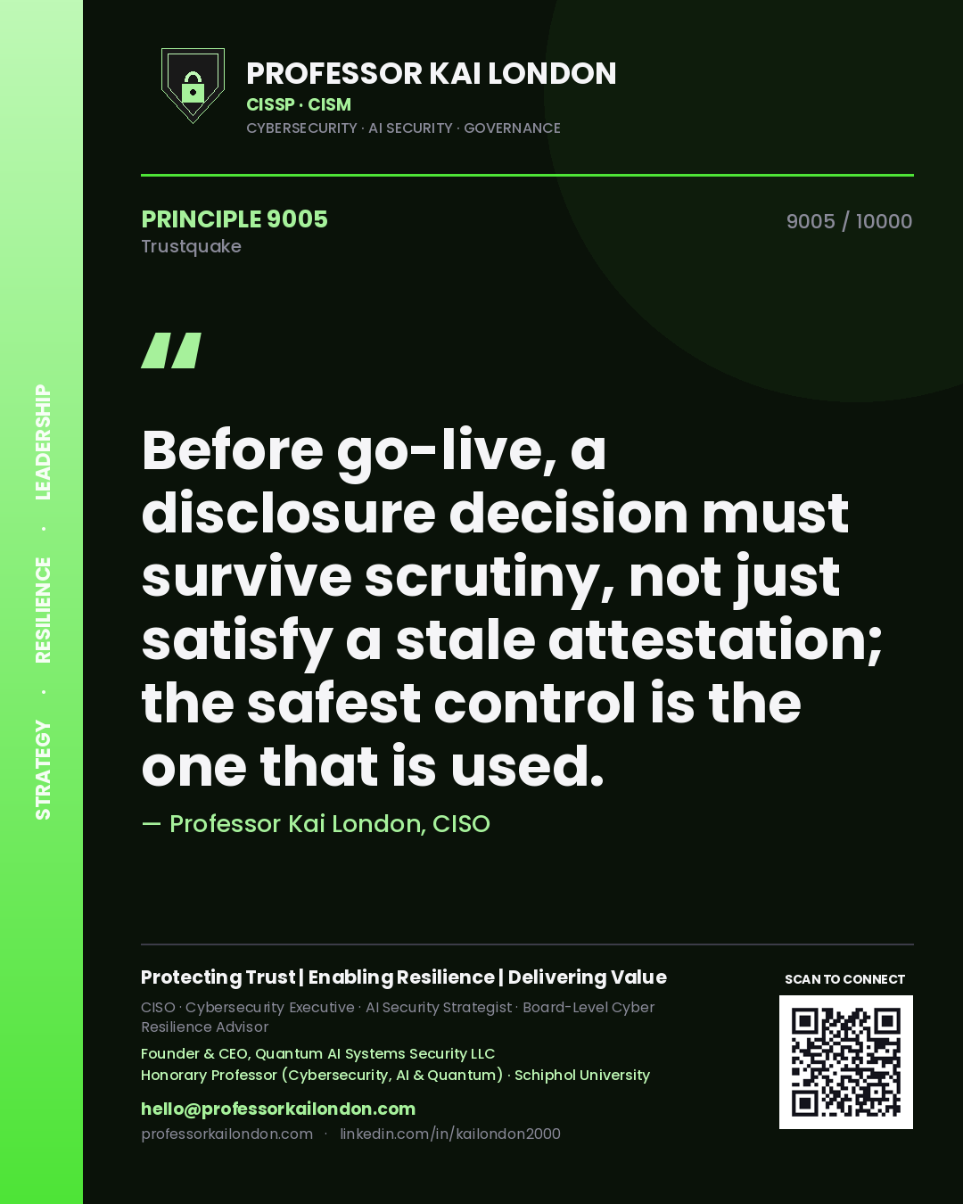 Quote card by Professor Kai London reading 'Before go-live, a disclosure decision must survive scrutiny, not just satisfy a stale attestation; the safest control is the one that is used.'. From the book Trustquake.