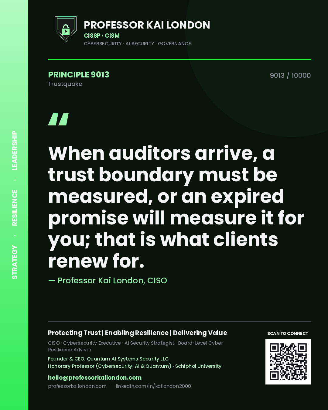 Quote card by Professor Kai London reading 'When auditors arrive, a trust boundary must be measured, or an expired promise will measure it for you; that is what clients renew for.'. From the book Trustquake.