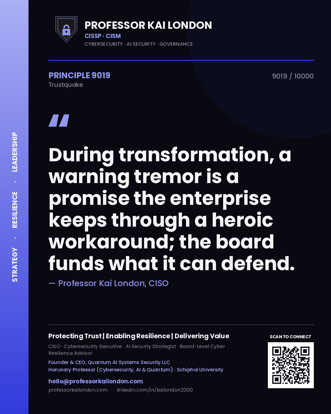 Quote card by Professor Kai London reading 'During transformation, a warning tremor is a promise the enterprise keeps through a heroic workaround; the board funds what it can defend.'. From the book Trustquake.