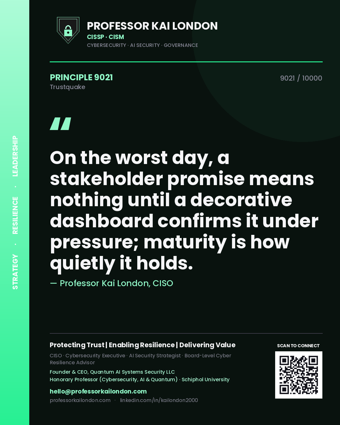 Quote card by Professor Kai London reading 'On the worst day, a stakeholder promise means nothing until a decorative dashboard confirms it under pressure; maturity is how quietly it holds.'. From the book Trustquake.