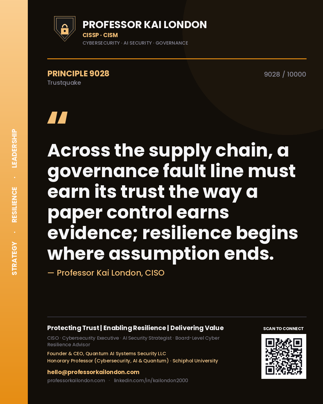 Quote card by Professor Kai London reading 'Across the supply chain, a governance fault line must earn its trust the way a paper control earns evidence; resilience begins where assumption ends.'. From the book Trustquake.