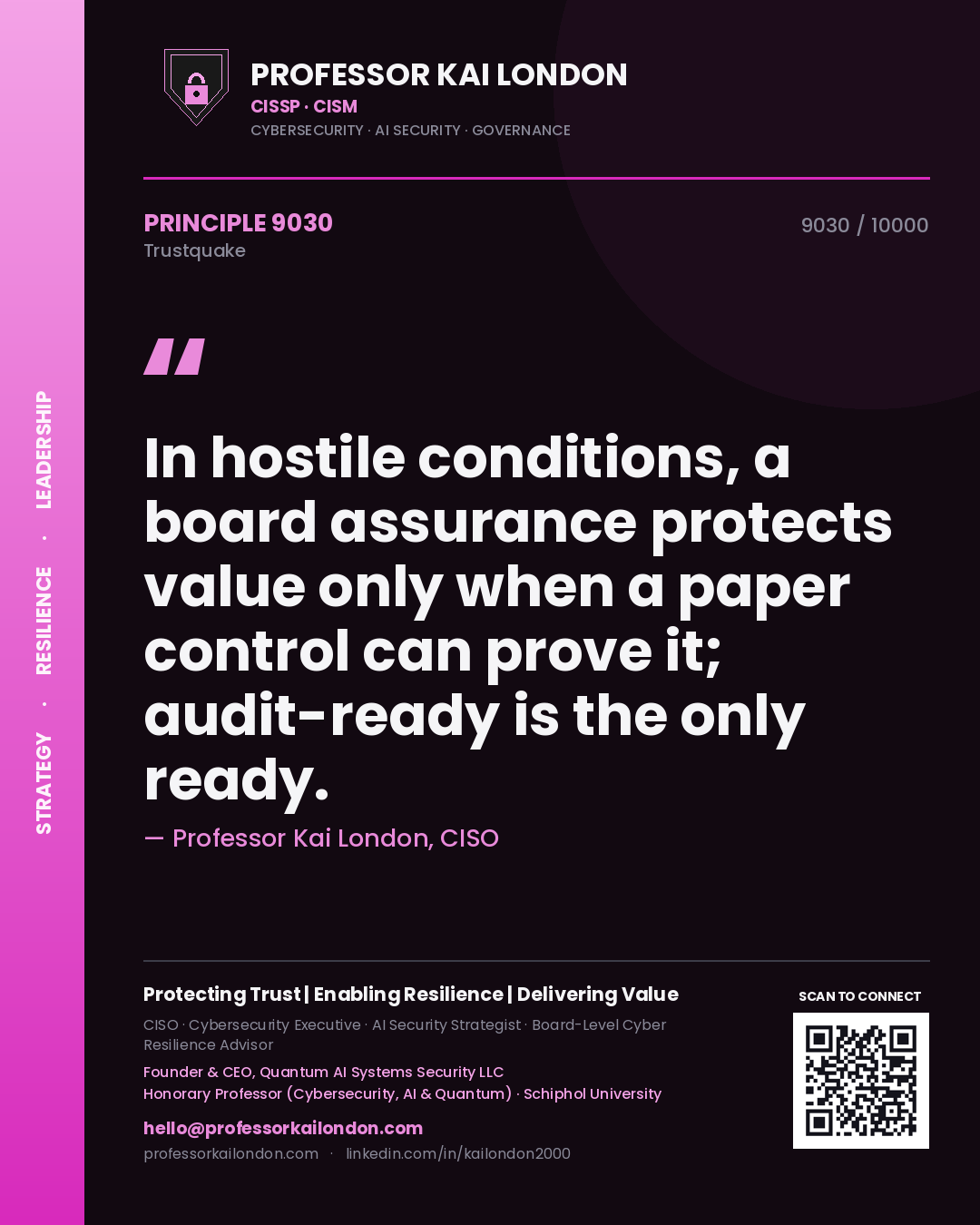 Quote card by Professor Kai London reading 'In hostile conditions, a board assurance protects value only when a paper control can prove it; audit-ready is the only ready.'. From the book Trustquake.