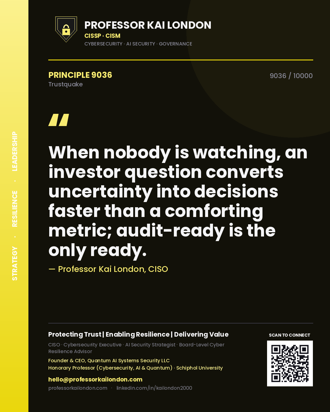 Quote card by Professor Kai London reading 'When nobody is watching, an investor question converts uncertainty into decisions faster than a comforting metric; audit-ready is the only ready.'. From the book Trustquake.