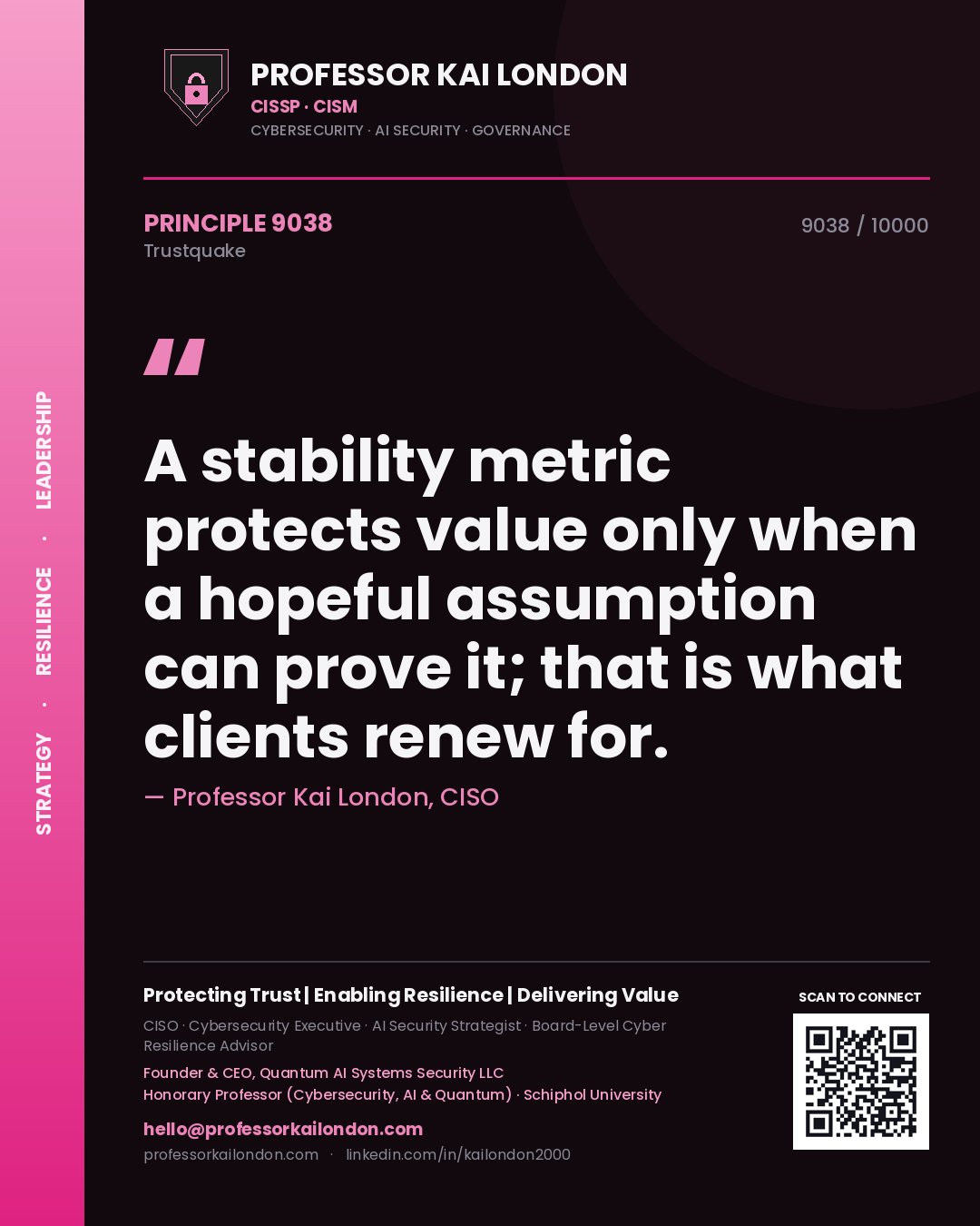 Quote card by Professor Kai London reading 'A stability metric protects value only when a hopeful assumption can prove it; that is what clients renew for.'. From the book Trustquake.